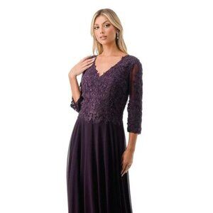 New A-Line Formal Floral Lace Embellished MOB Maxi Gown w/ 3/4 Sleeves TC M2758Q